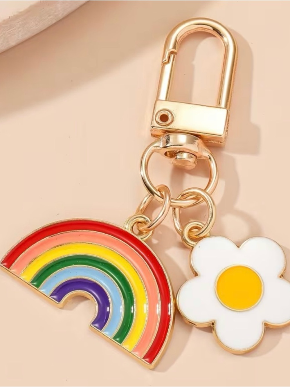 Gold Rainbow and Daisy Enamel Keychain